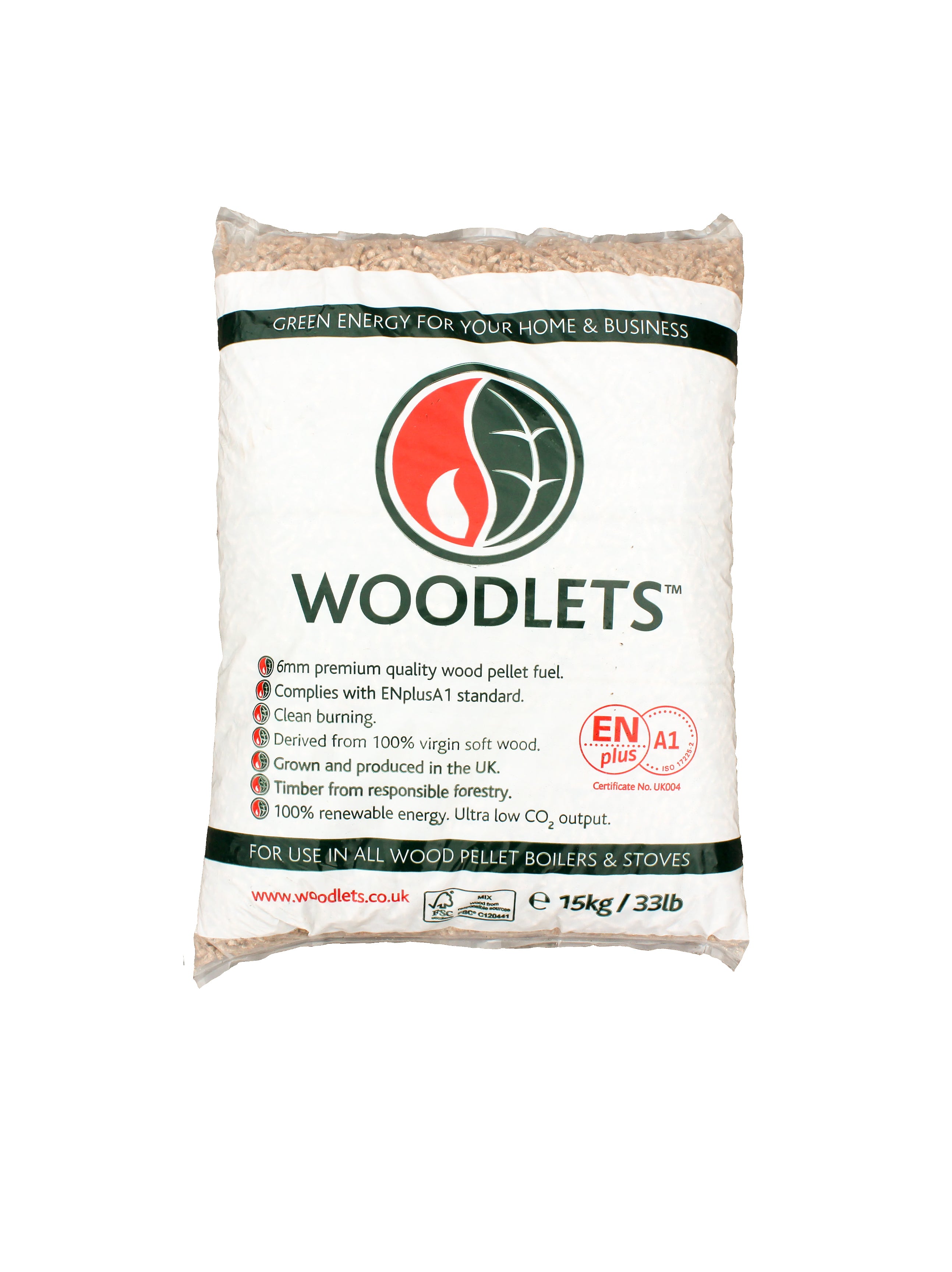 A bag of Woodlets wood pellets with the brand logo and product information displayed on the label.