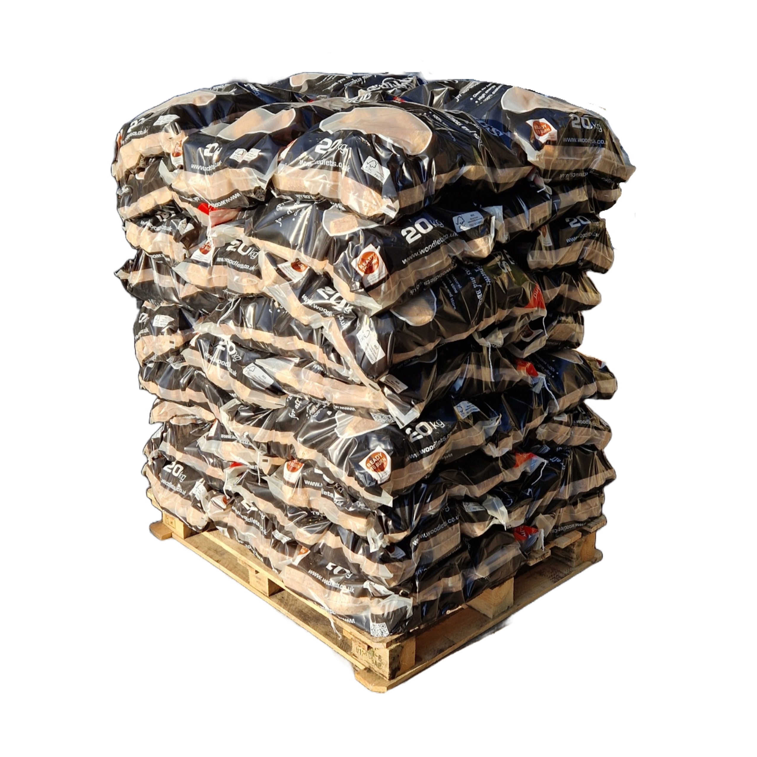 A stack of 20kg bags of Roastie-Toasties wood briquettes.