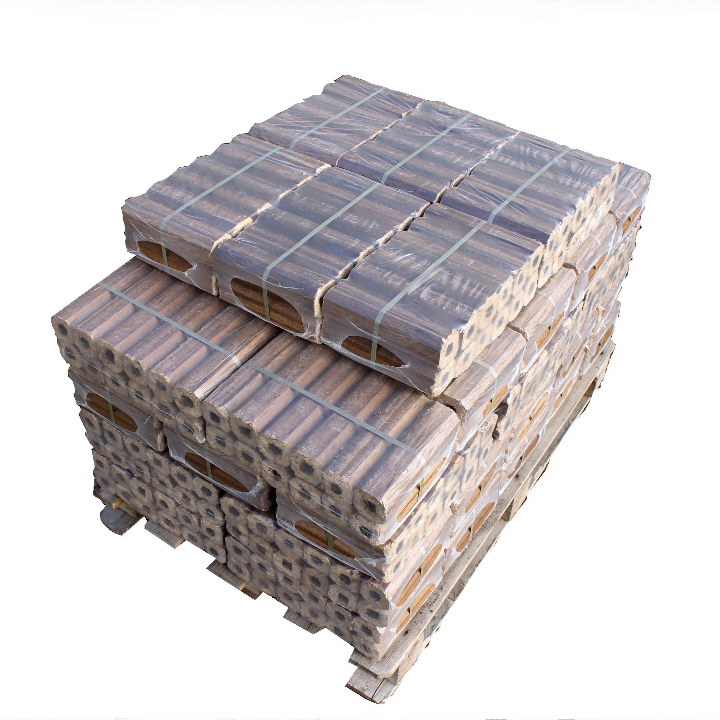 A stack of oak Pini-Kay heat logs bound together with a rubber band, tightly compressed.