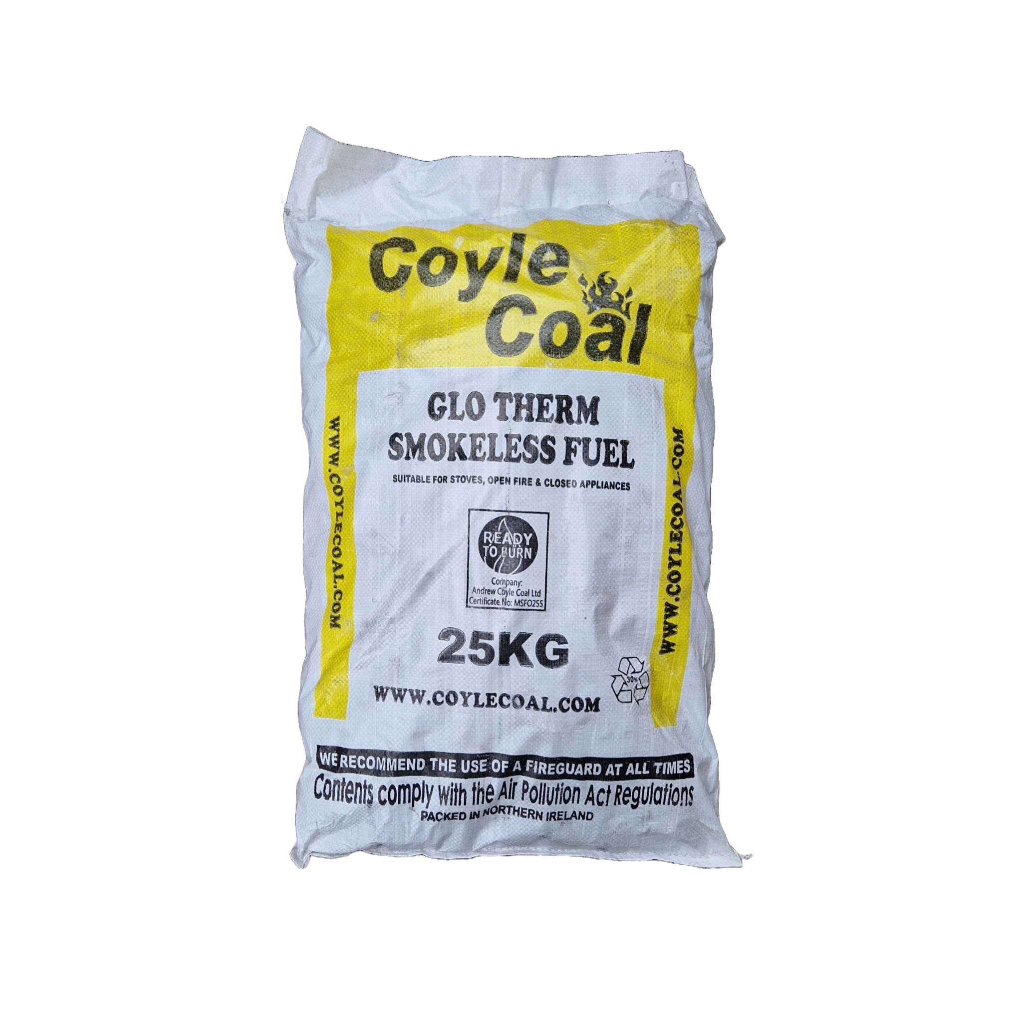A picture of a 25kg bag of Glo Therm Smokeless Fuel