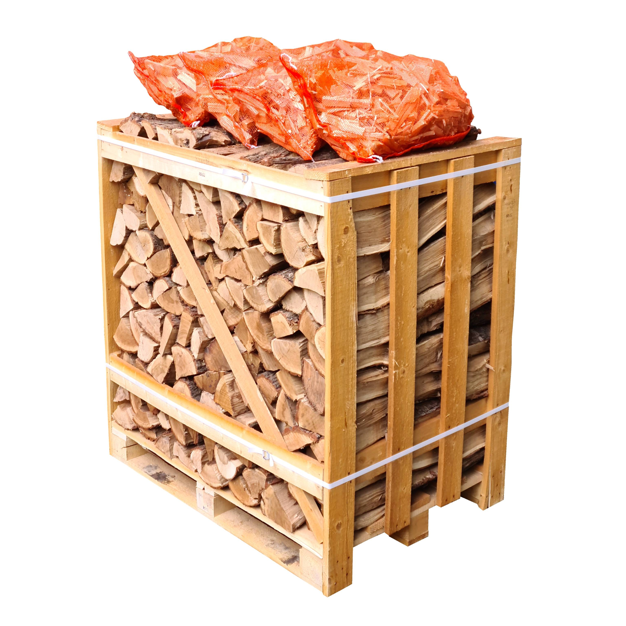 A wooden crate filled with kiln dried Ash logs, topped with a bag of Kindling Sticks.