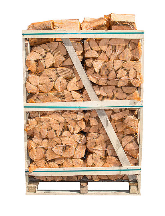 A pallet of kiln-dried hornbeam firewood logs contained within a transparent wrap, bound by metal bands.