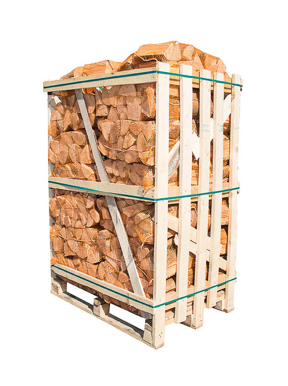 A pallet of kiln-dried hornbeam firewood logs contained within a transparent wrap, bound by metal bands.