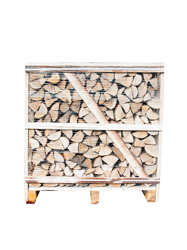 Kiln-dried Ash logs stacked in a wooden crate