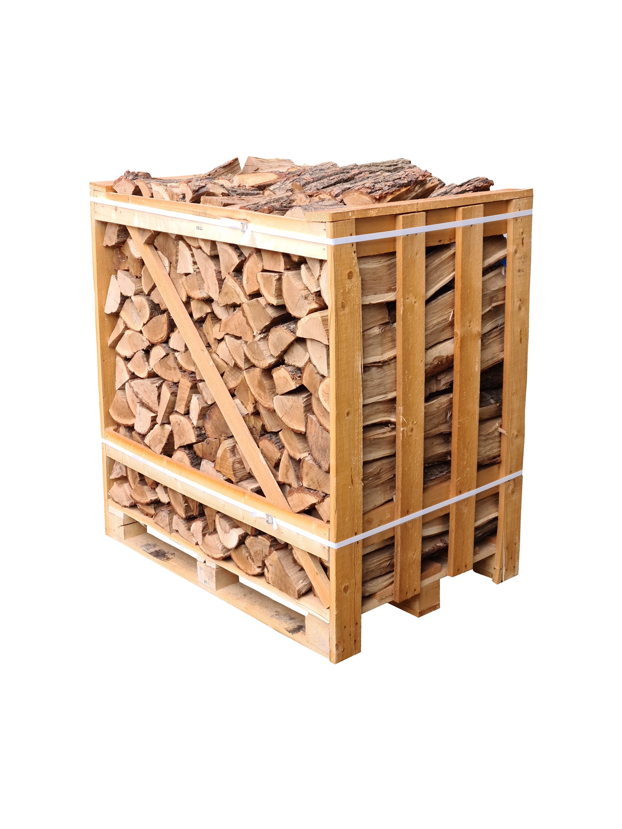A wooden crate filled with kiln dried oak logs.