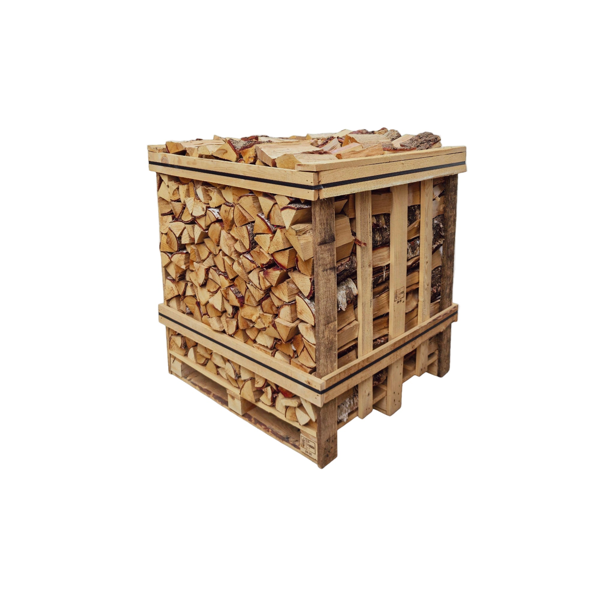 A large, densely packed wooden crate of Ready to Burn kiln-dried birch logs, stacked four rows deep.