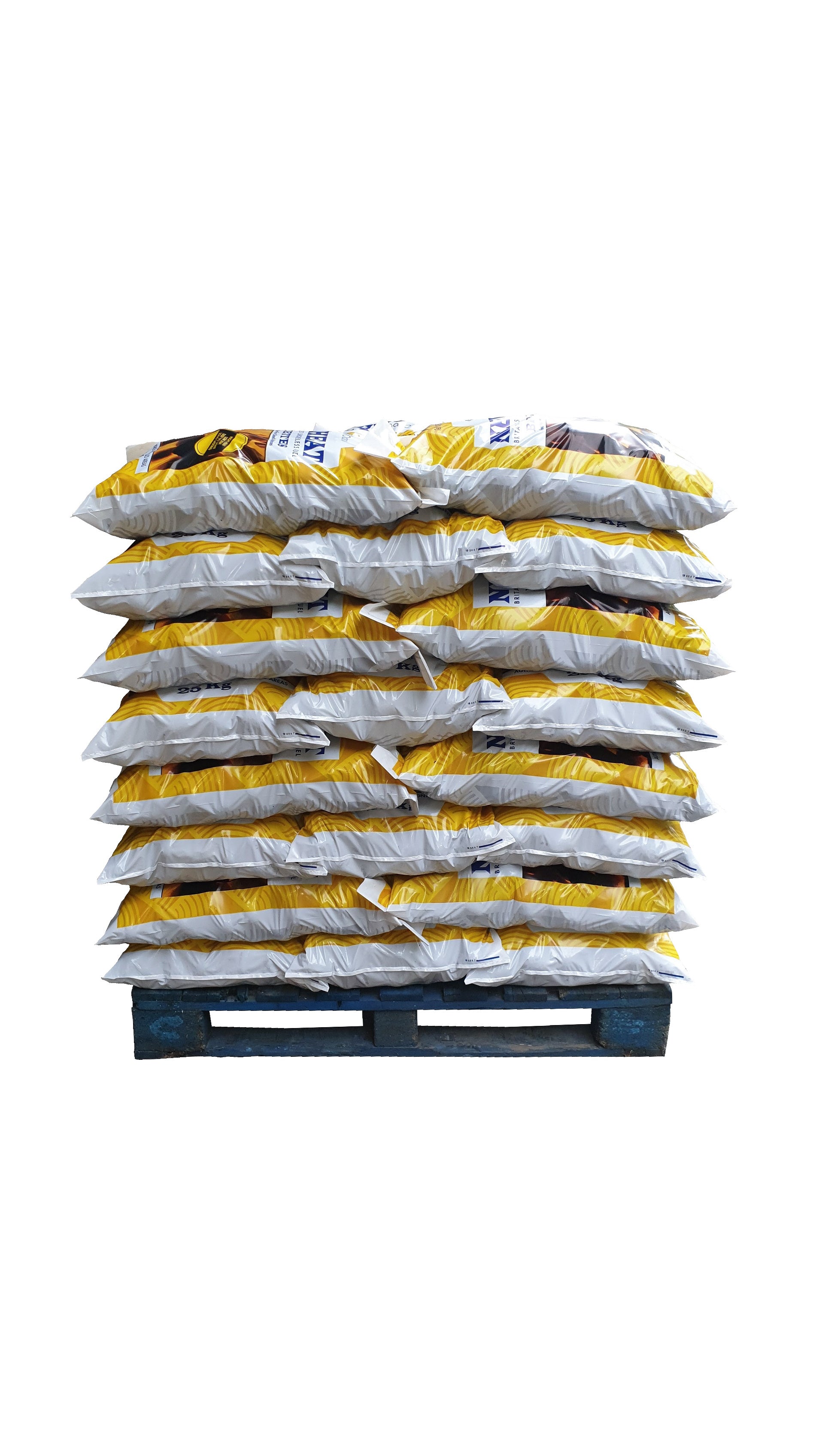 A pallet of pre-packed 25kg bags of Oxbow Newheat smokeless fuel briquettes.