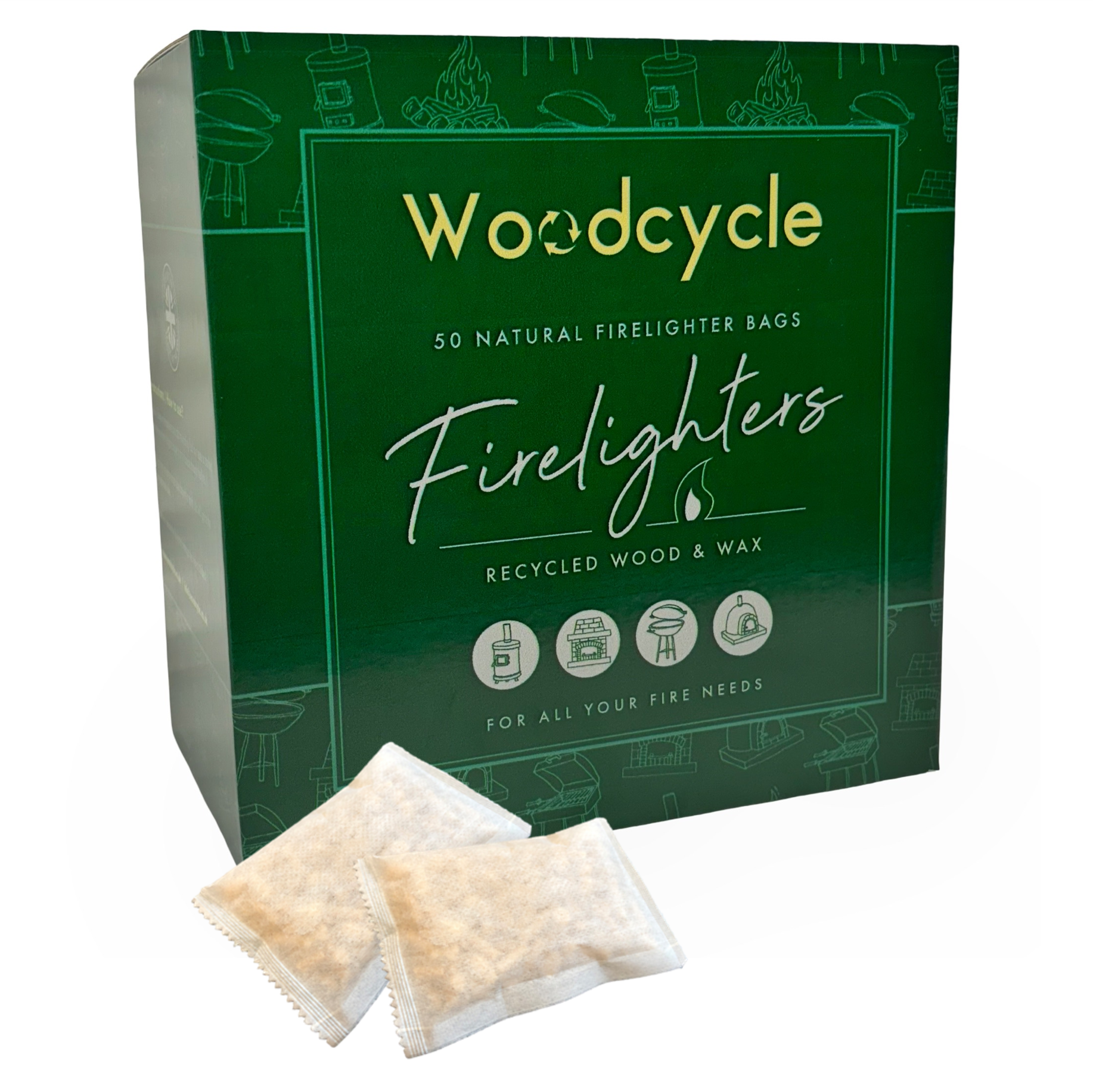 Box of Woodcycle firelighters with two firelighters in front on a white background