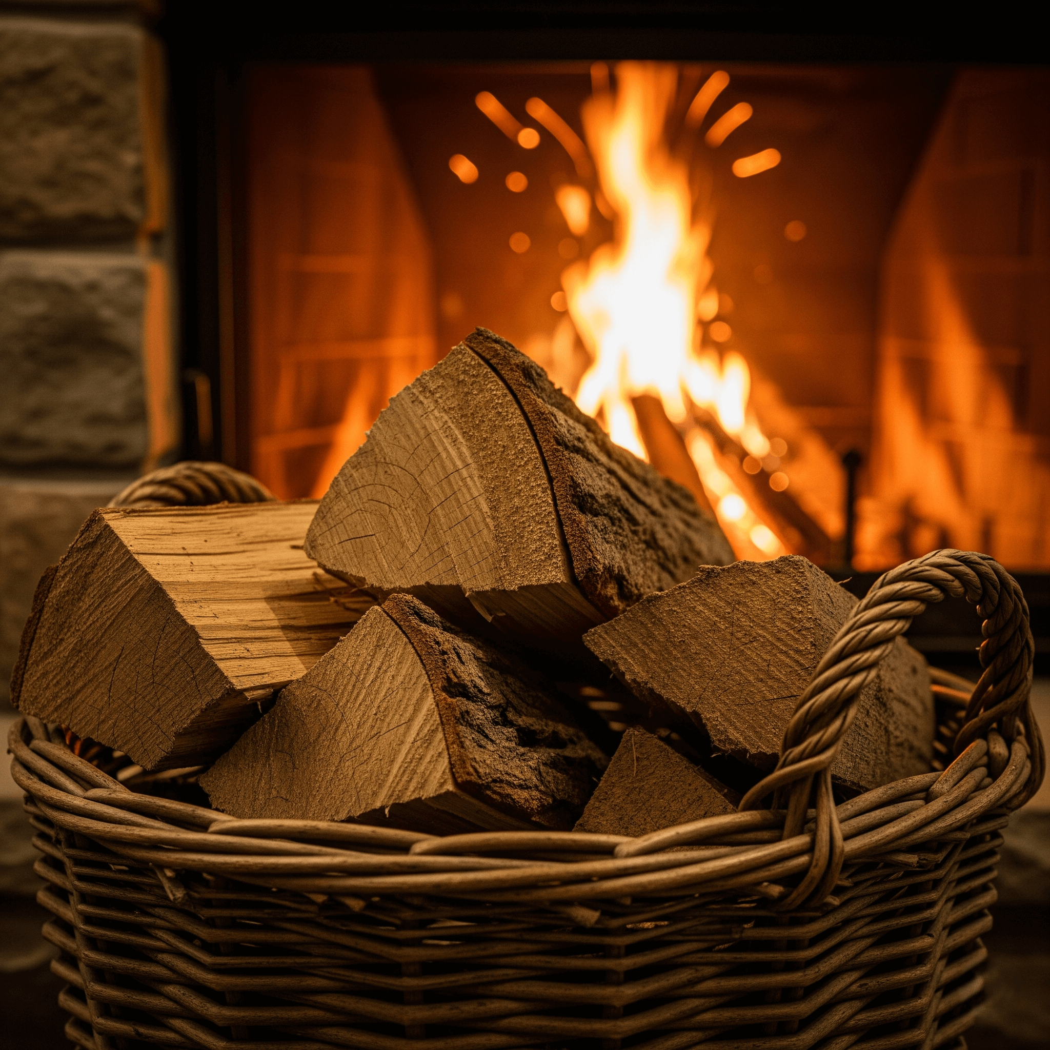 Oak logs in a basket near a fireplace, discussing if oak is good firewood for log burners and fireplaces.