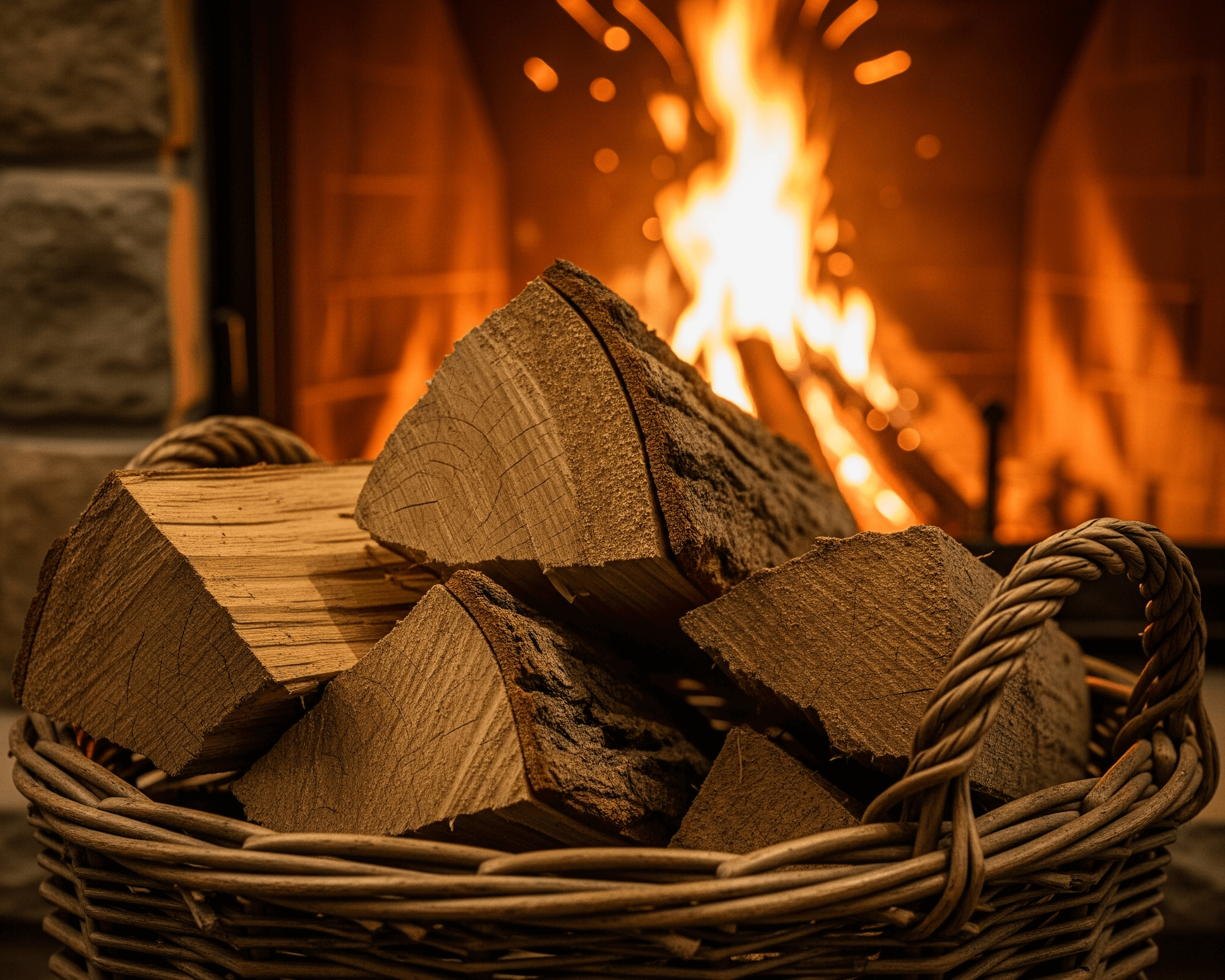 Oak logs in a basket near a fireplace, discussing if oak is good firewood for log burners and fireplaces.