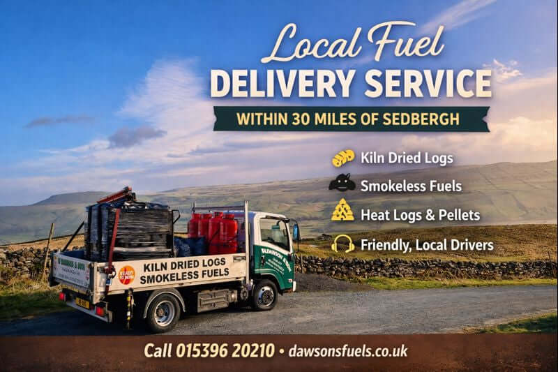 Local delivery service truck providing kiln dried logs and smokeless fuels within 30 miles of Sedbergh.