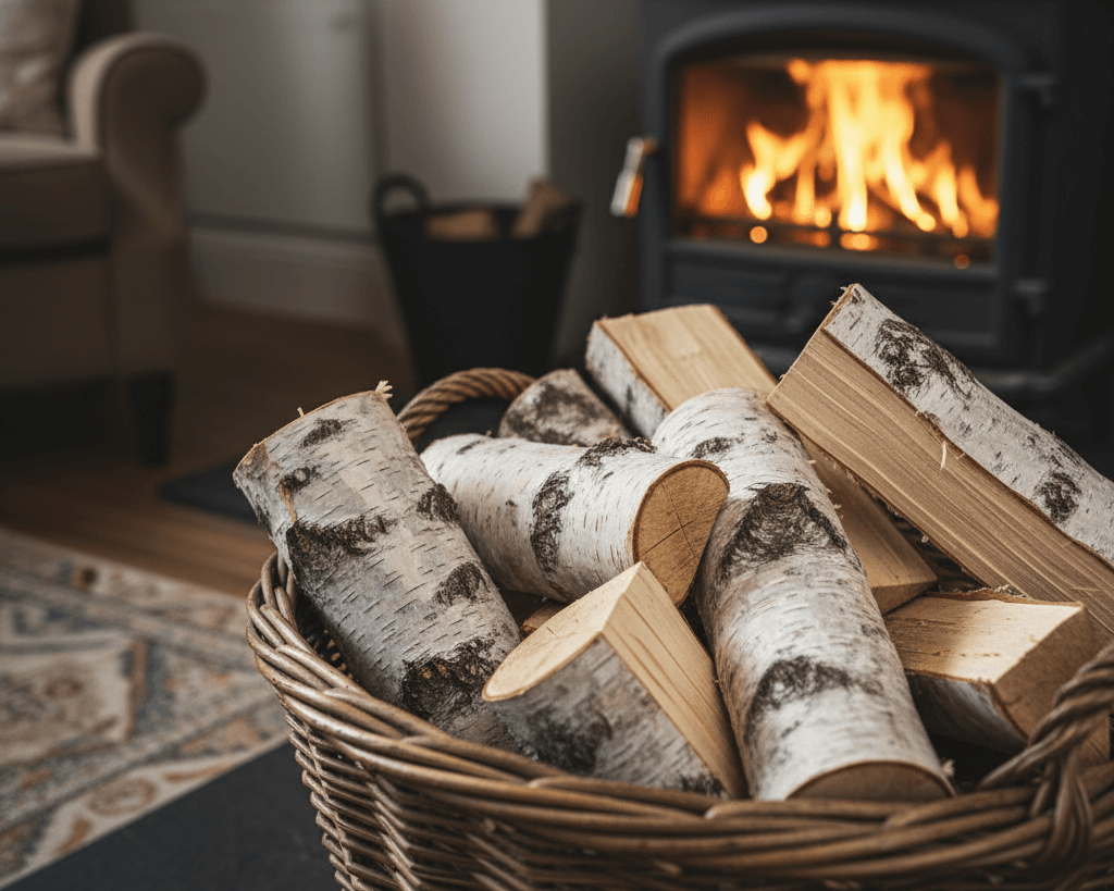 A basket filled with birch logs beside a cozy fire, exploring is Birch Good Firewood.