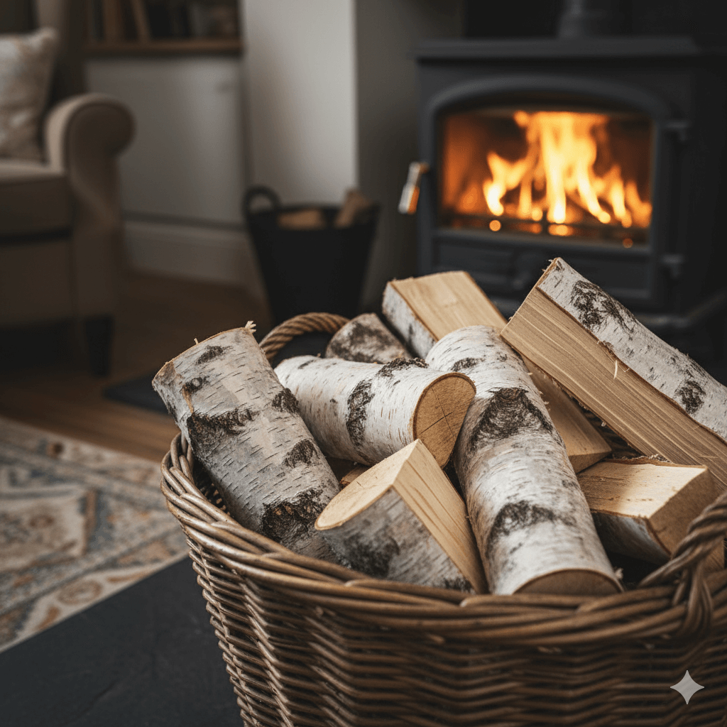 A basket filled with birch logs beside a cozy fire, exploring is Birch Good Firewood.