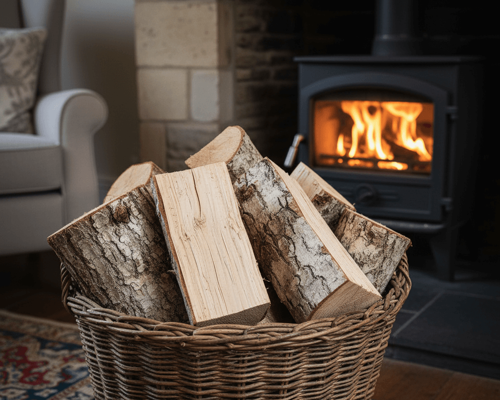 Kiln-dried ash logs in a basket beside a fireplace