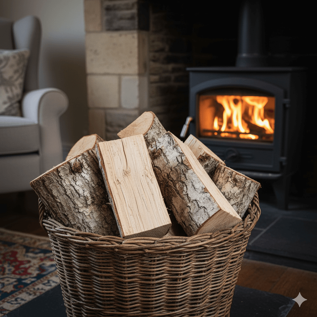 Kiln-dried ash logs in a basket beside a fireplace