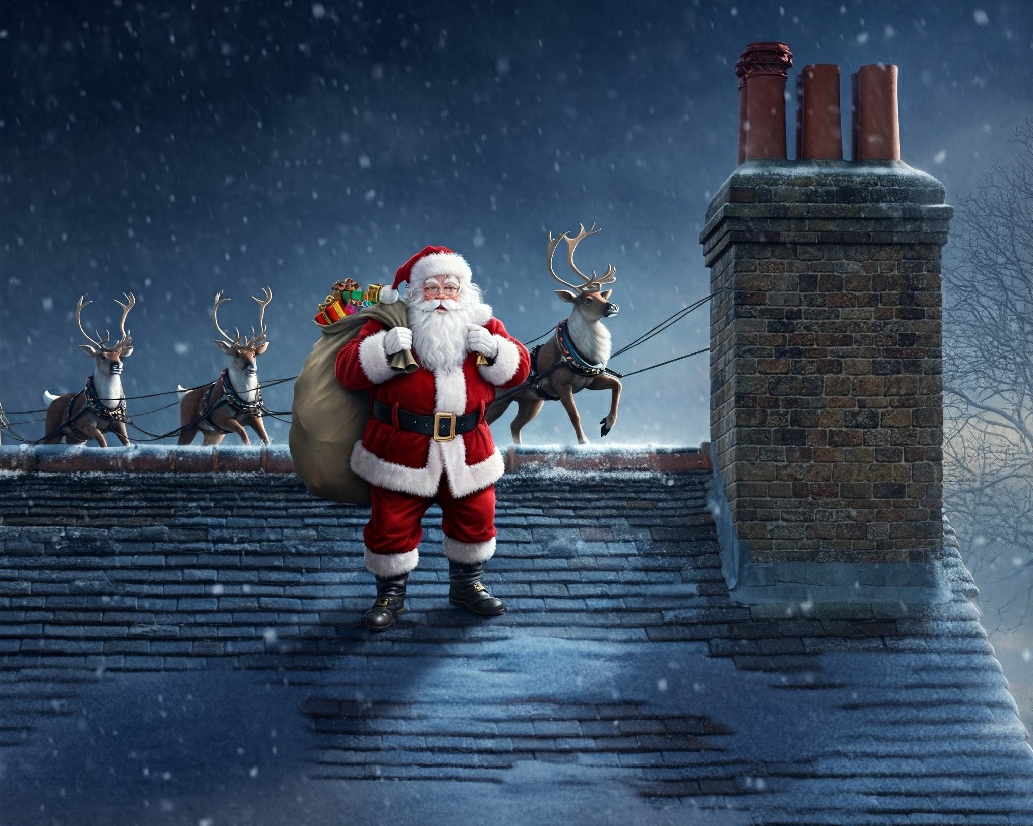 Santa on a snowy rooftop beside a chimney on Christmas Eve