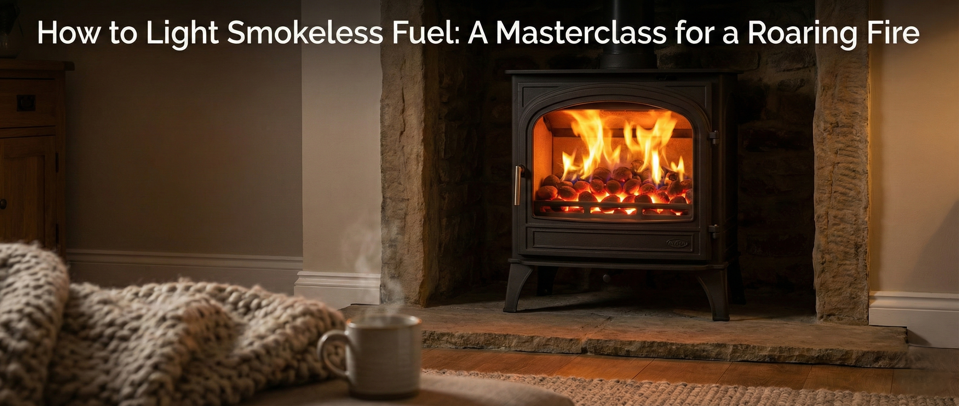 A picture of a cosy living room being heated by a multi-fuel stove burning smokeless fuel.