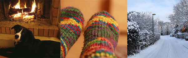 A montage of 3 pictures. The first shows a dog resting in front of an open fire, the second is a picture of warm festive socks and the 3rd shows a wintery scence.