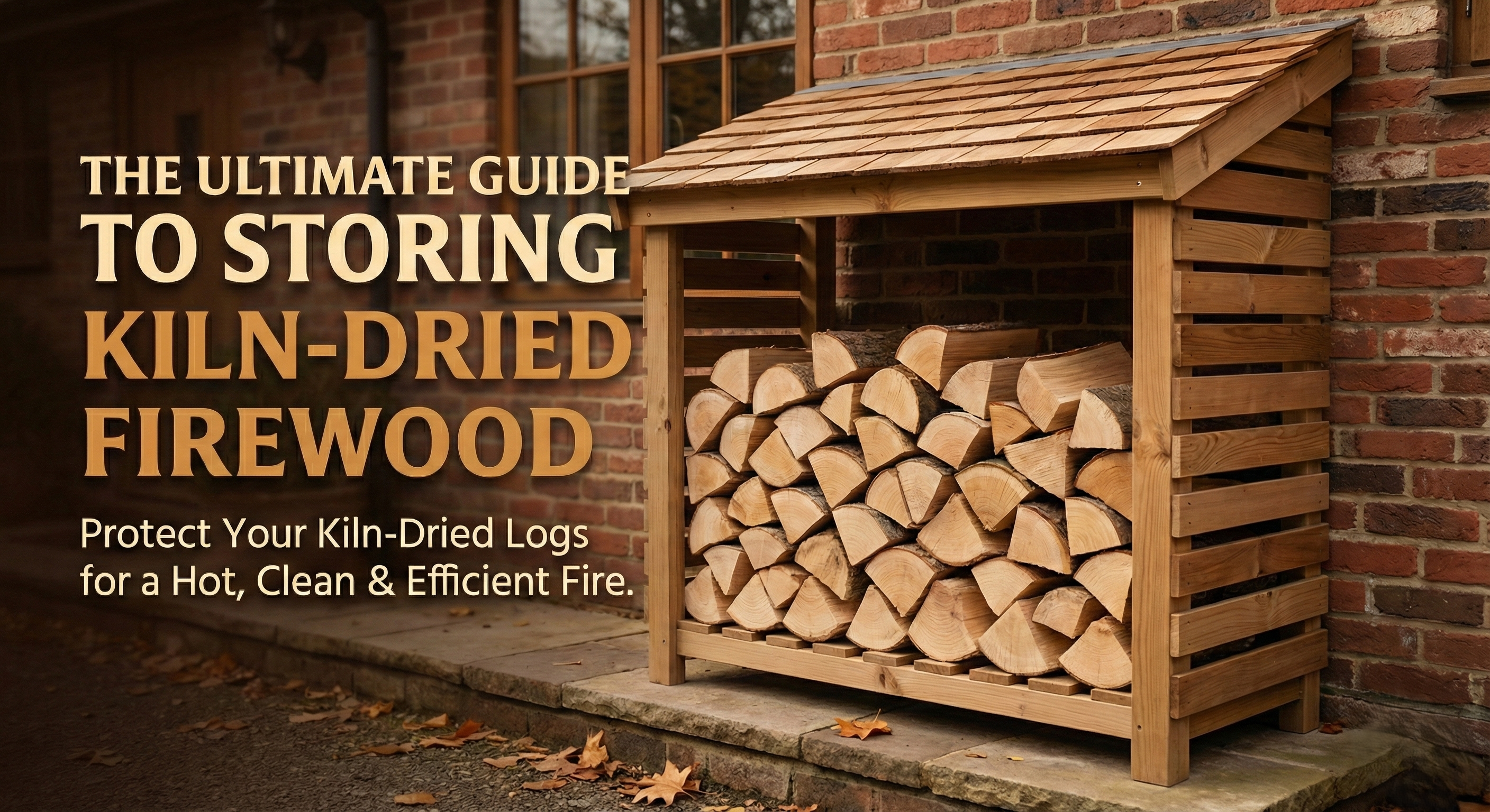 A wood storage shed filled with kiln-dried logs, illustrating how to store kiln-dried logs properly.