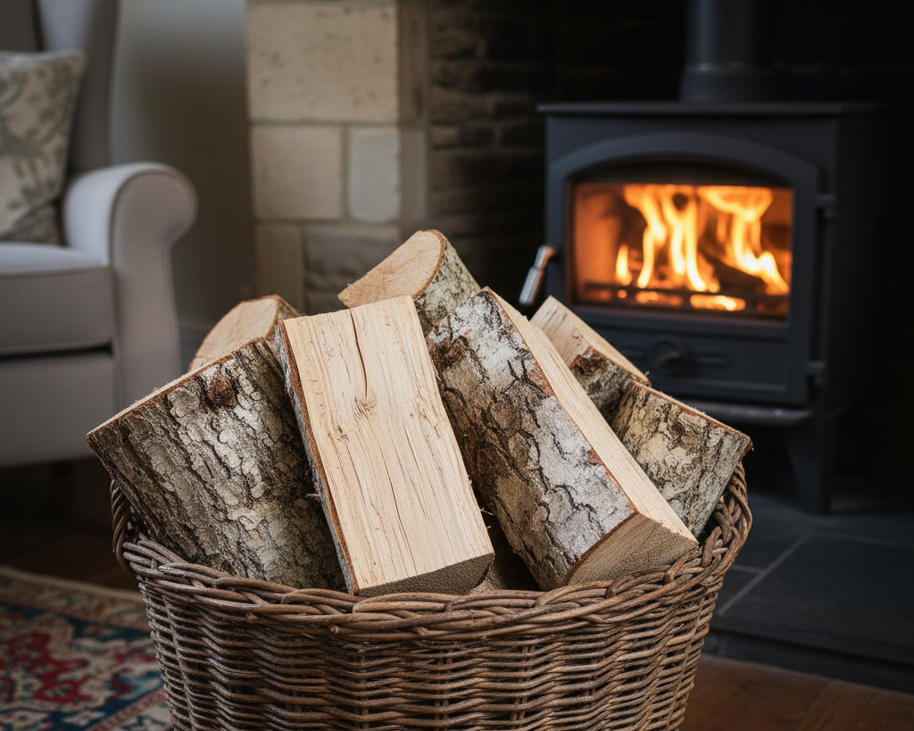 Ash logs in a wood basket