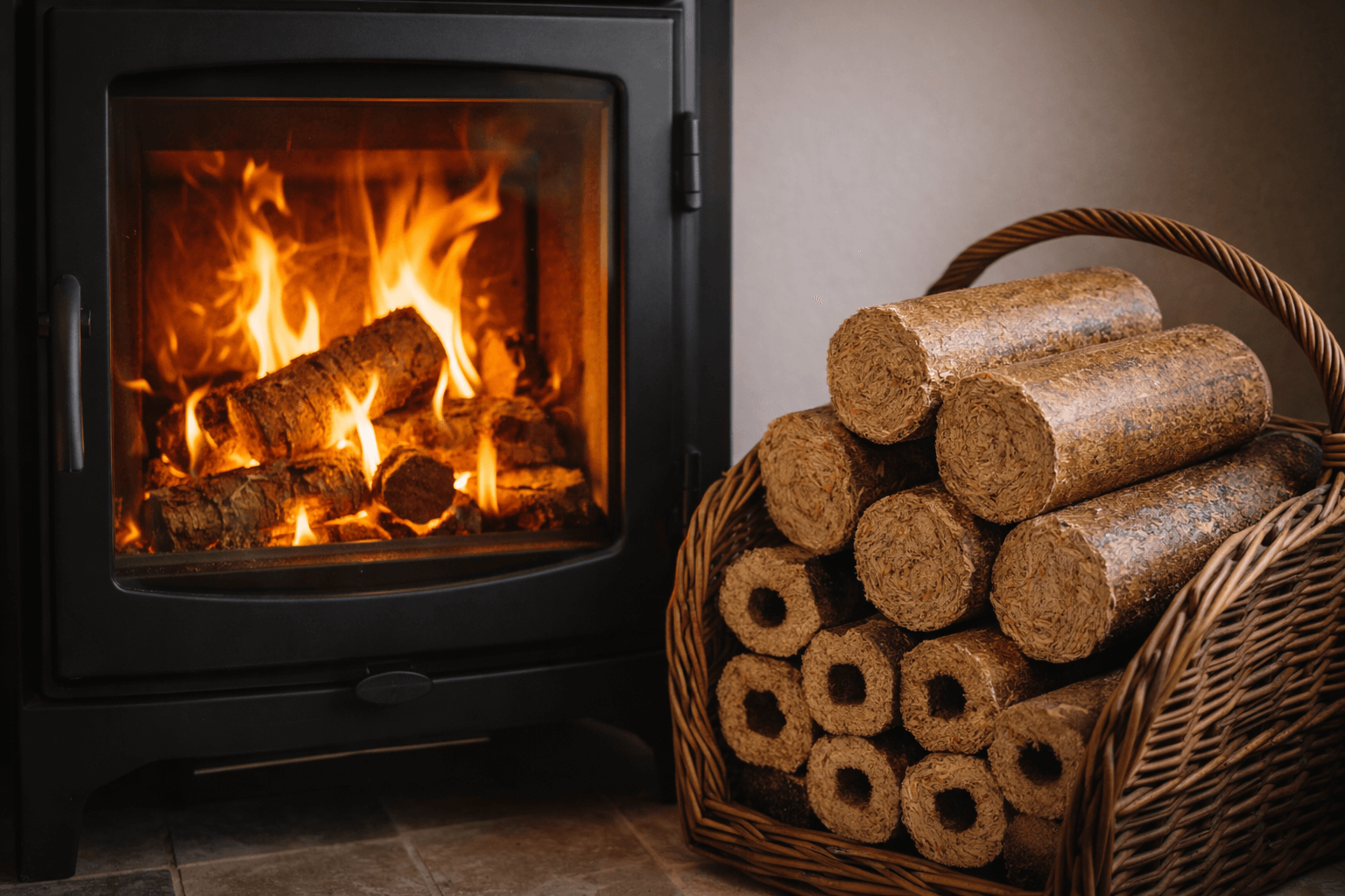 Heat Logs and Wood Briquettes stored beside a cozy fireplace, showcasing efficient wood fuel for consistent heat.