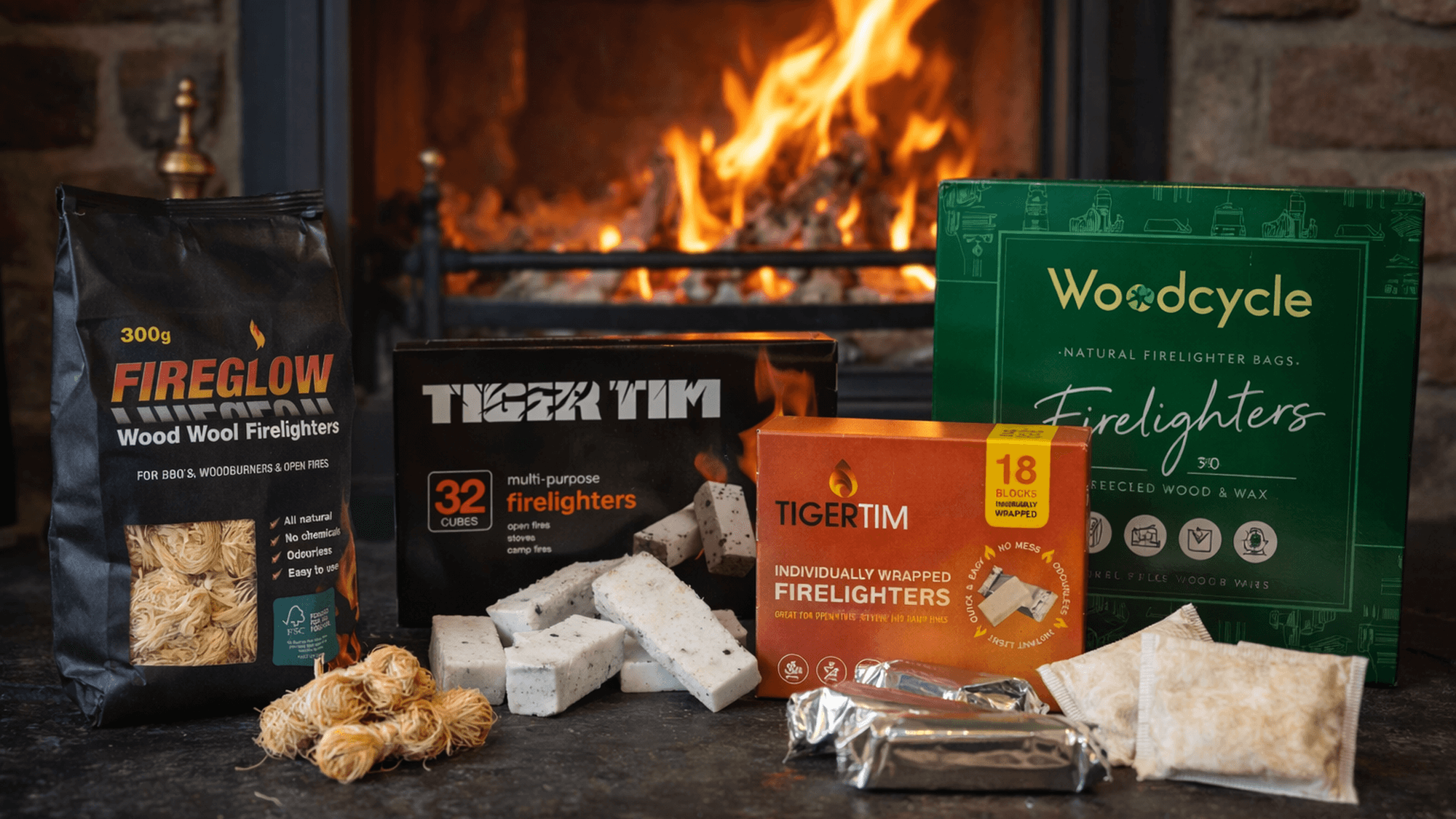 Fireside Accessories - Firelighters & Coal Bunkers collection featuring various firelighters including Fireglow and Tiger Tim.