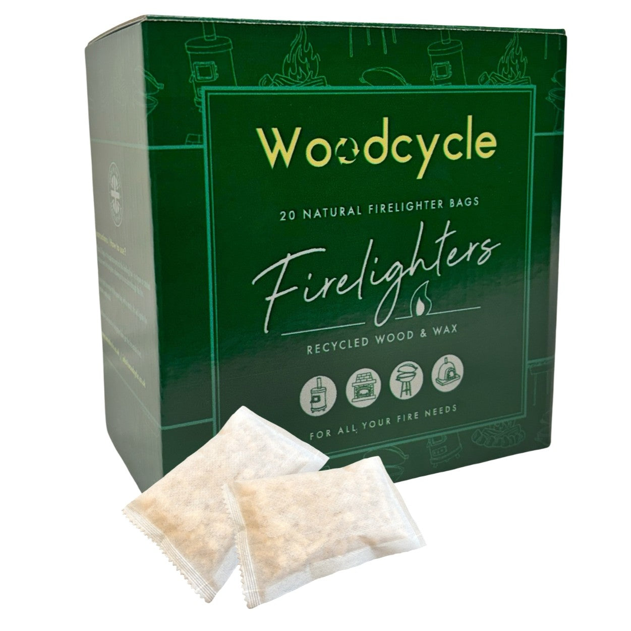 Box of 20 Woodcycle firelighters with two firelighters in front on a white background