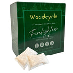 Box of 20 Woodcycle firelighters with two firelighters in front on a white background