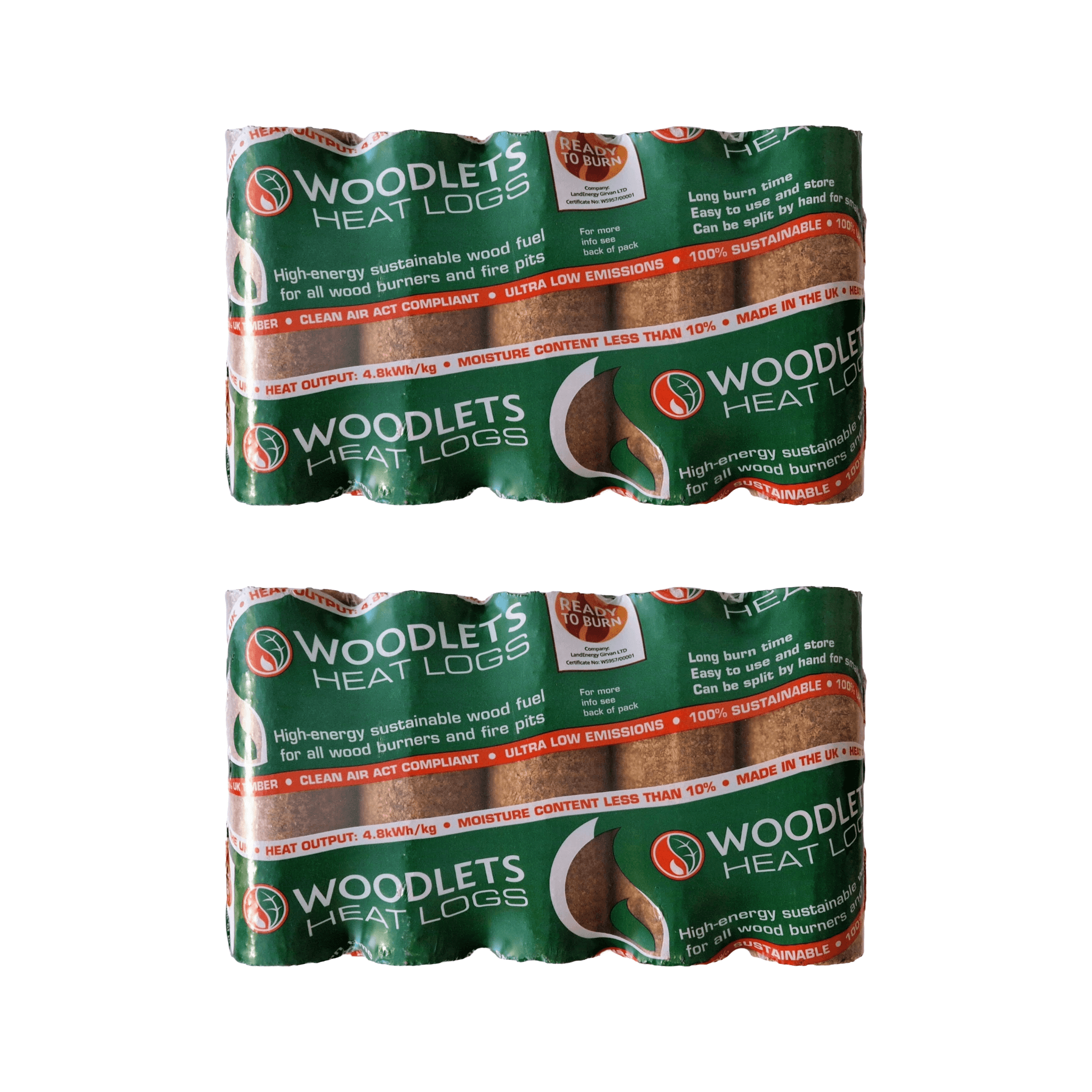 Woodlets Heat Logs – 2 × 10kg packs of high-energy sustainable wood fuel for clean heat.