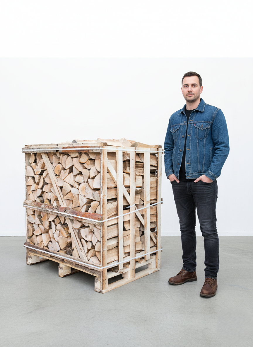 Man standing next to a large wooden crate filled with firewood on a white background