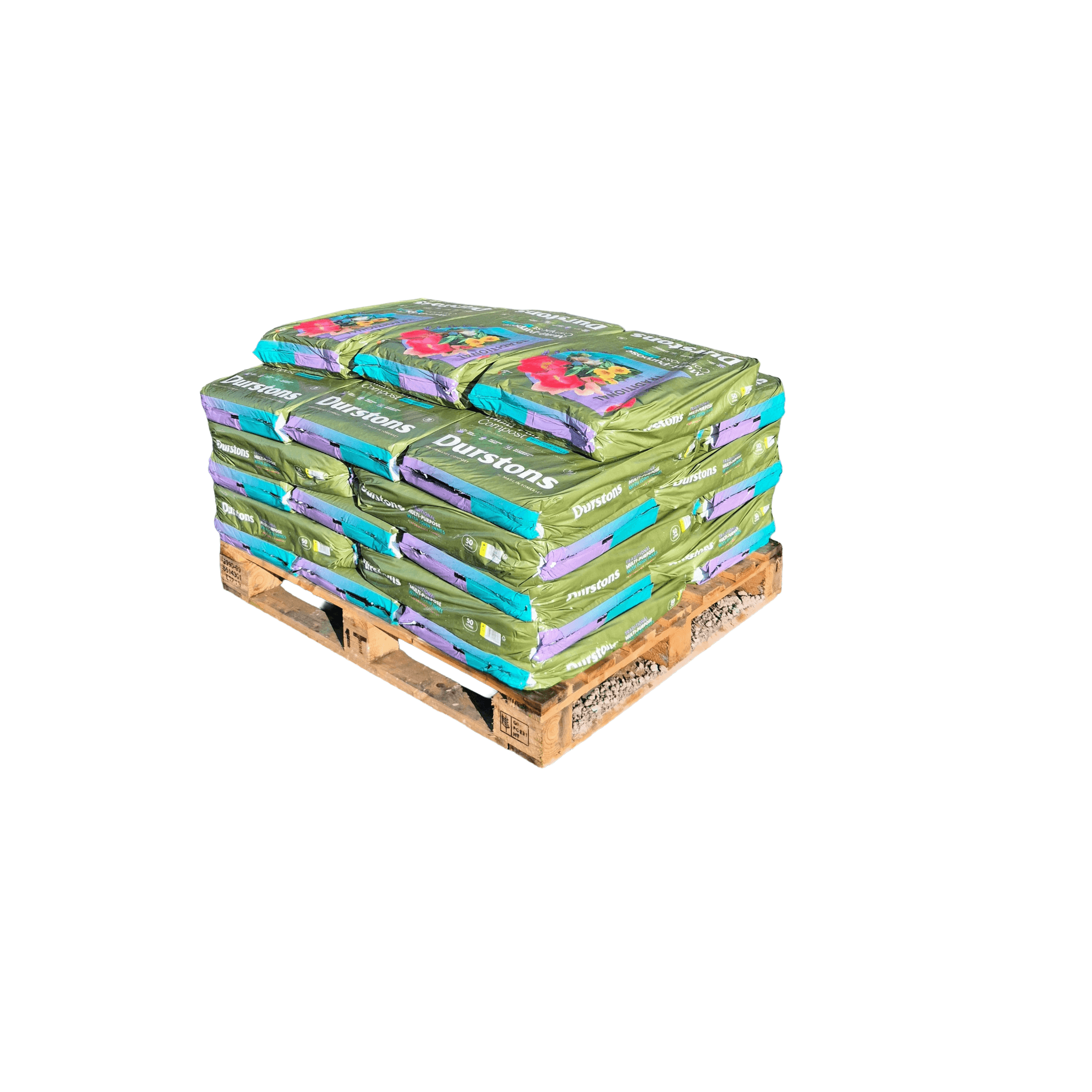 Durstons Multi-Purpose Compost displayed in 28 bags on a pallet, ideal for pots, containers, and general garden use.