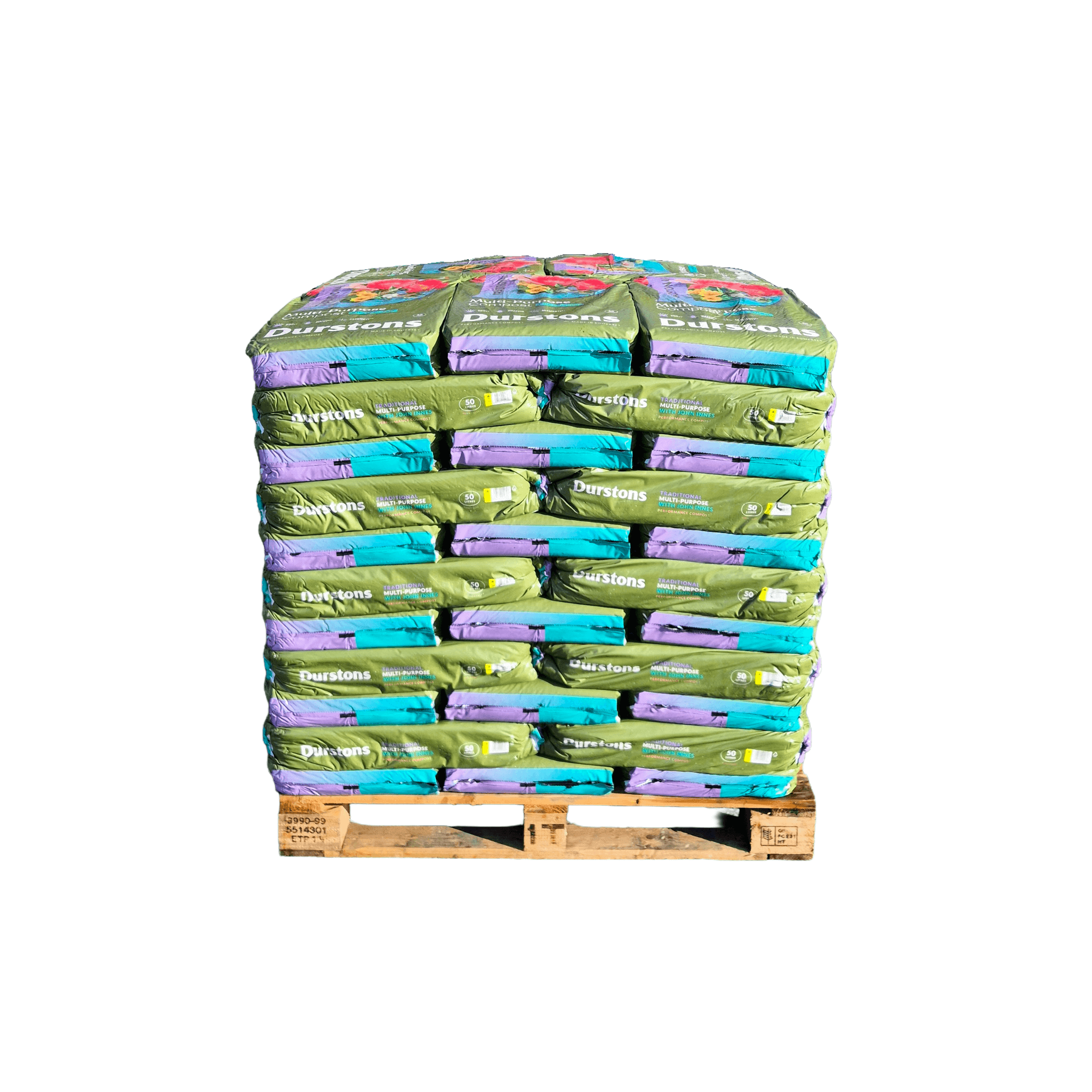 Durstons Multi-Purpose Compost with John Innes stacked in 55 x 50L bags on a pallet.