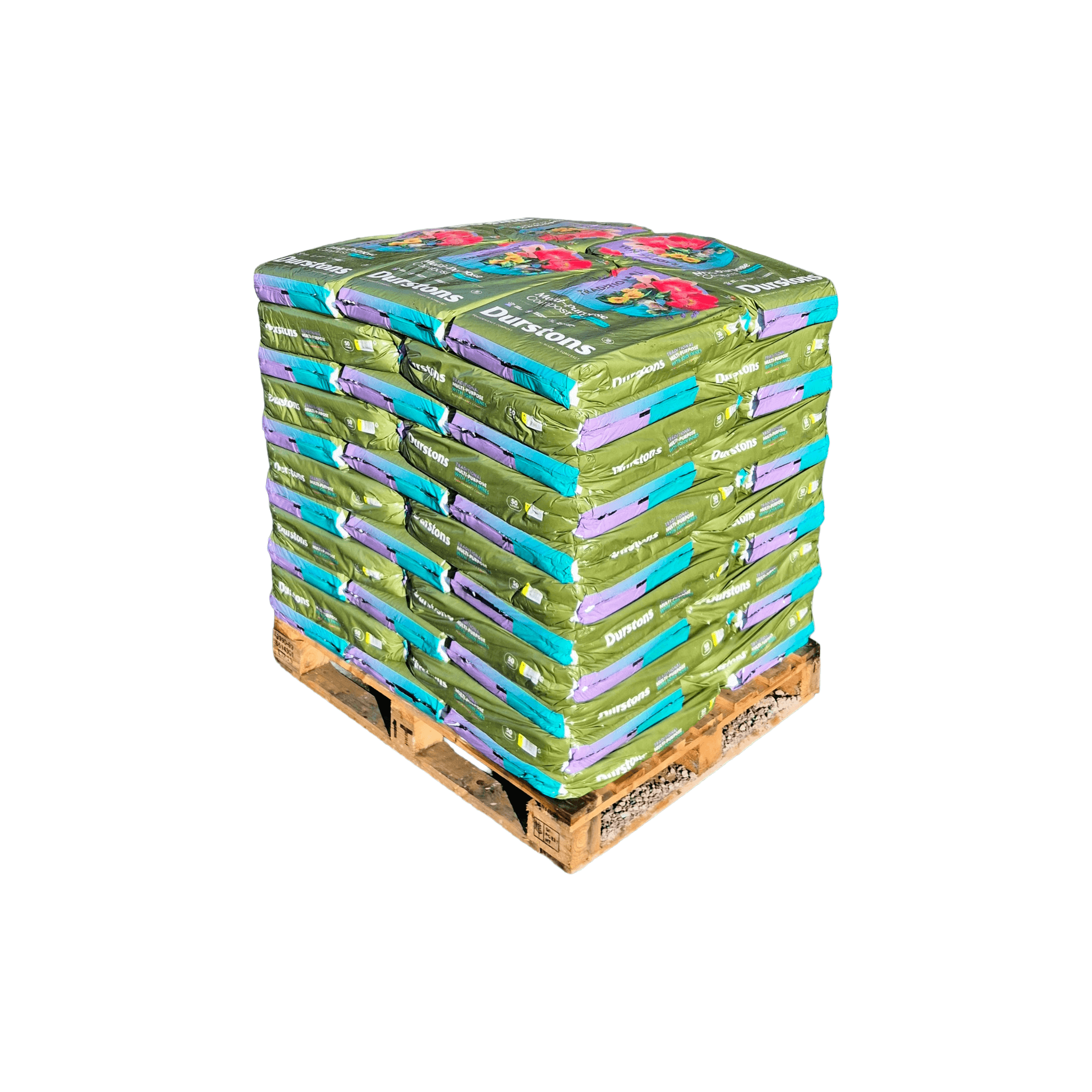 Durstons Multi-Purpose Compost with John Innes in 55 x 50L bags stacked on a pallet.