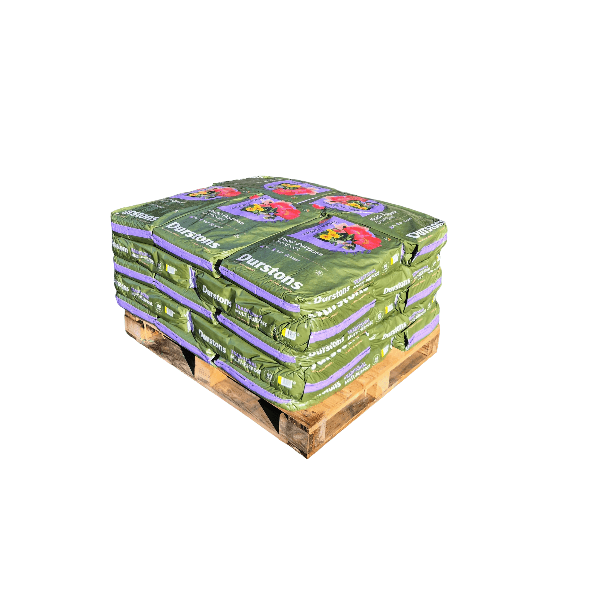 Durstons Multi-Purpose Compost - 25 bags of 60L compost on a pallet for garden use.