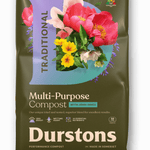 Durstons Multi-Purpose Compost with John Innes 50L bag showcasing vibrant flowers and branding.