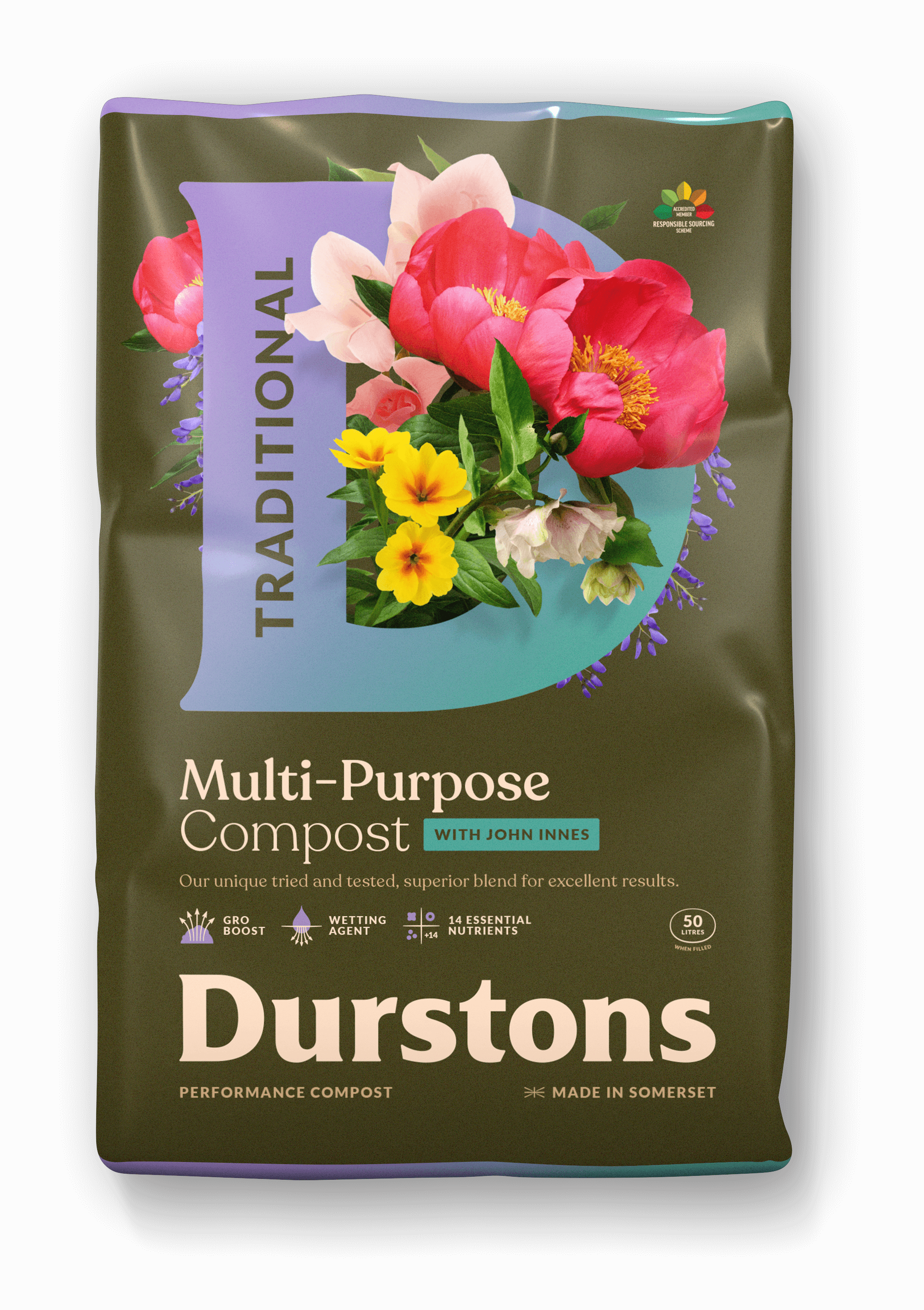 Durstons Multi-Purpose Compost with John Innes 50L bag showcasing vibrant flowers and branding.