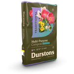 Durstons Multi-Purpose Compost with John Innes bag featuring colorful flowers and branding details.
