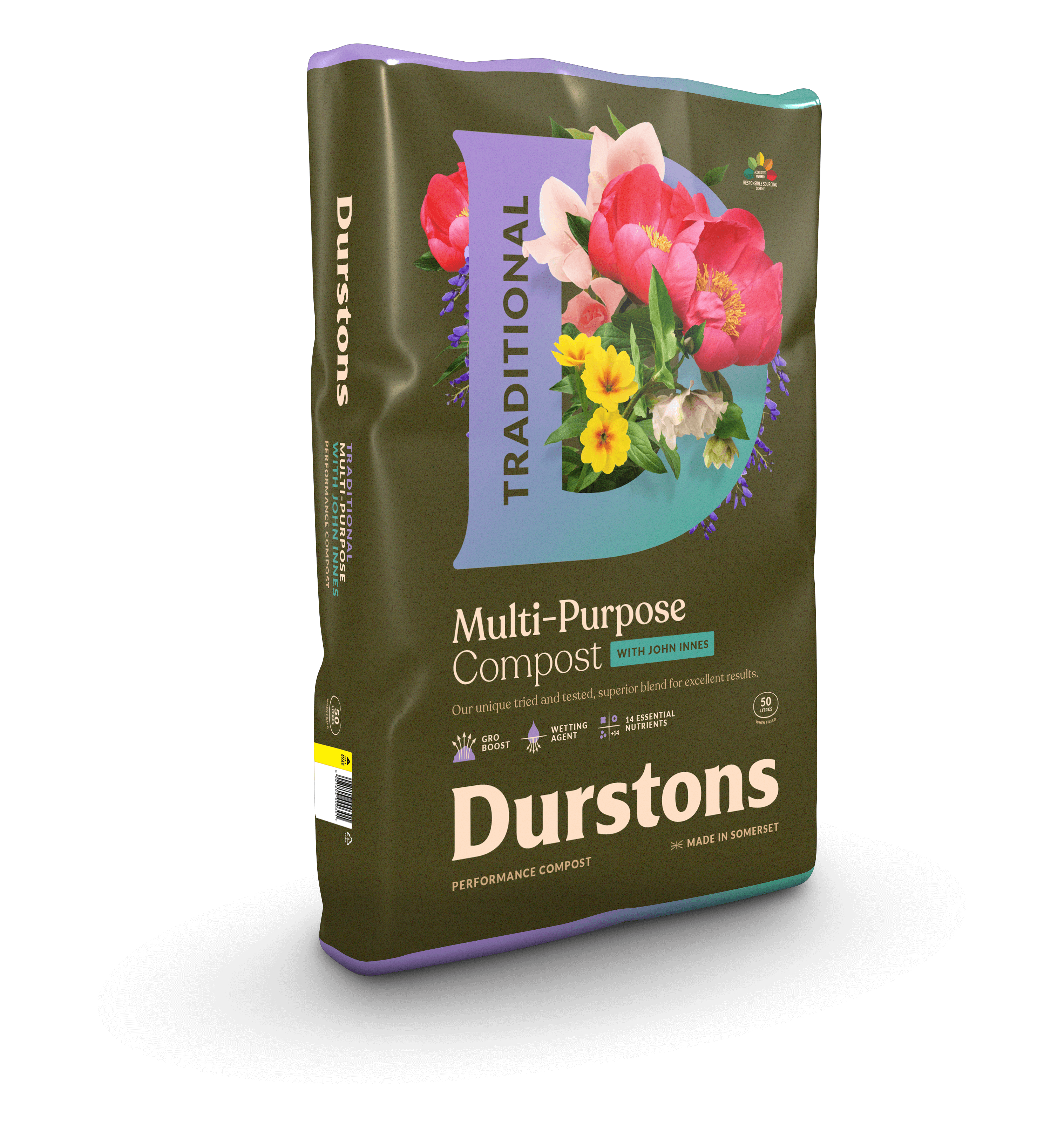 Durstons Multi-Purpose Compost with John Innes bag featuring colorful flowers and branding details.