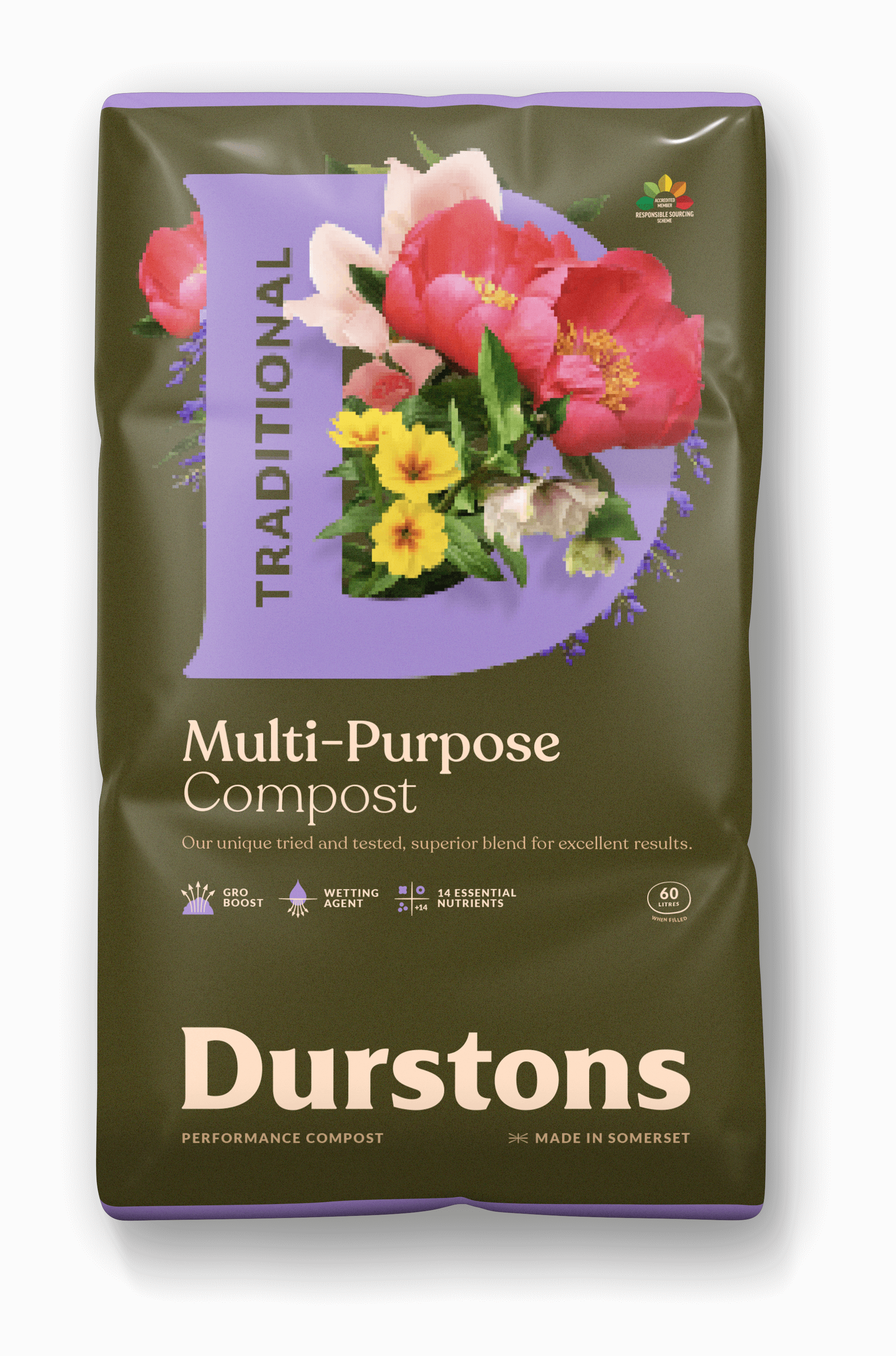 Durstons Multi-Purpose Compost bag featuring flowers, ideal for gardens and landscapes.