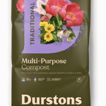 Durstons Multi-Purpose Compost packaged in a 60L bag featuring vibrant flowers and key product information.