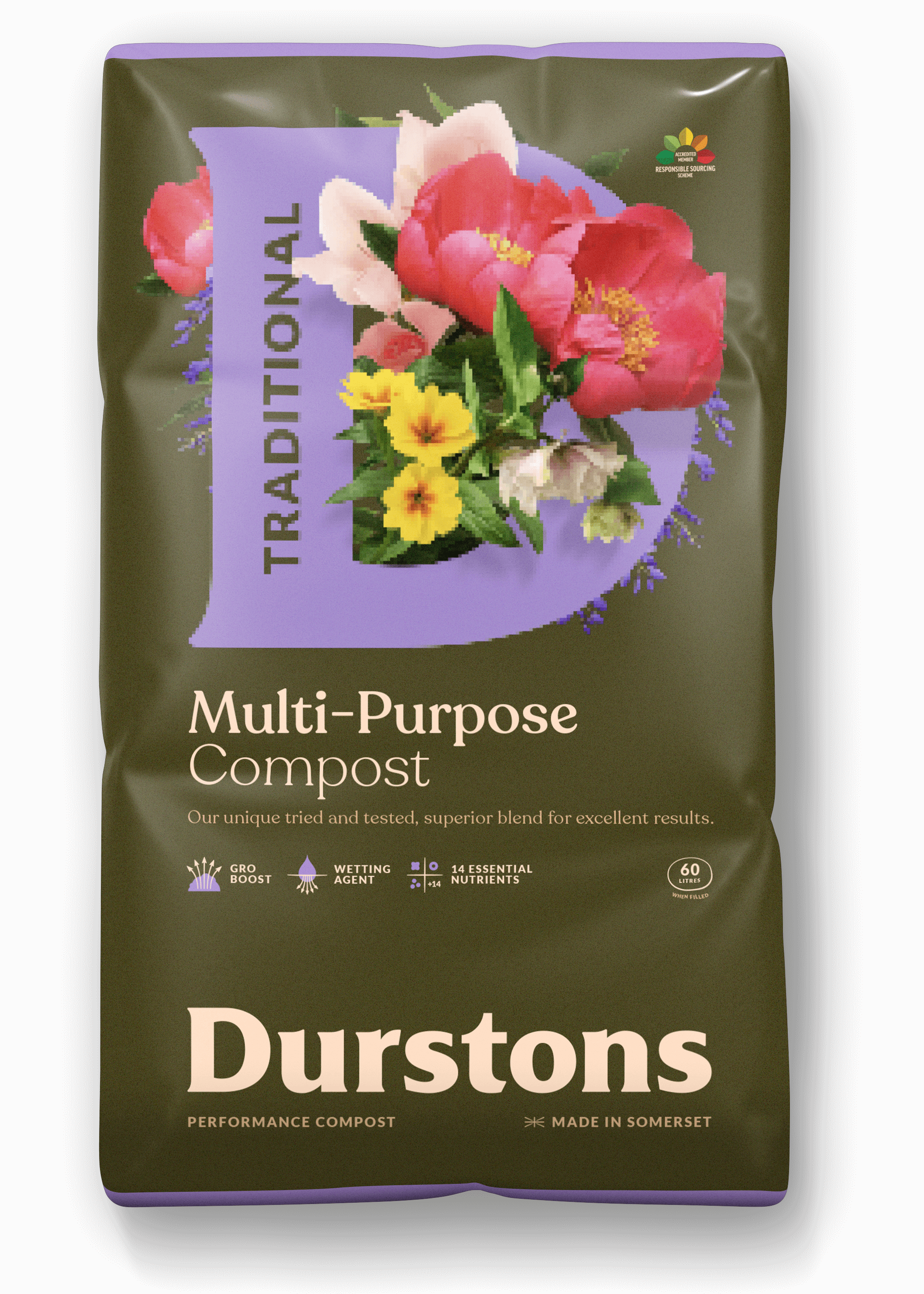 Durstons Multi-Purpose Compost packaged in a 60L bag featuring vibrant flowers and key product information.