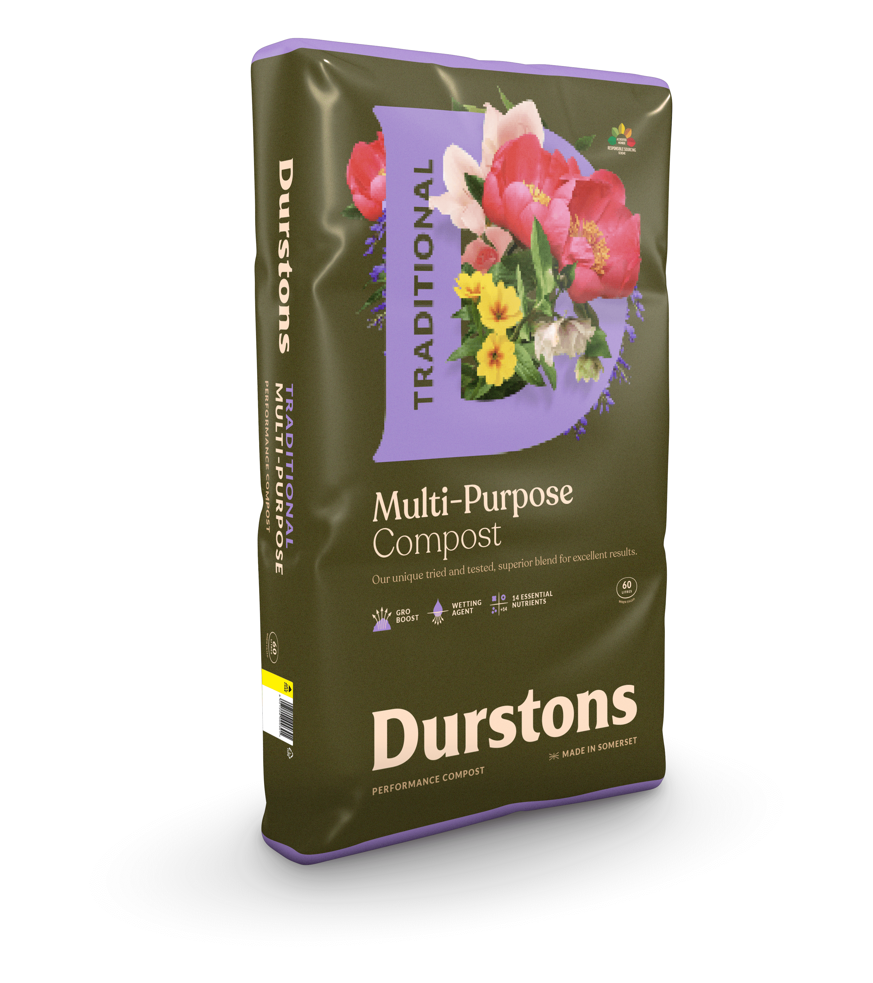 Durstons Multi-Purpose Compost bag featuring premium plant nutrients and flowers, ideal for gardening.