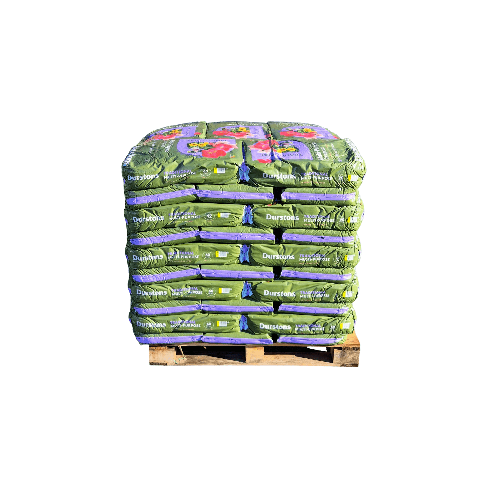 Durstons Multi-Purpose Compost stacked in 50 bags on a pallet, ideal for gardening and plant growth.