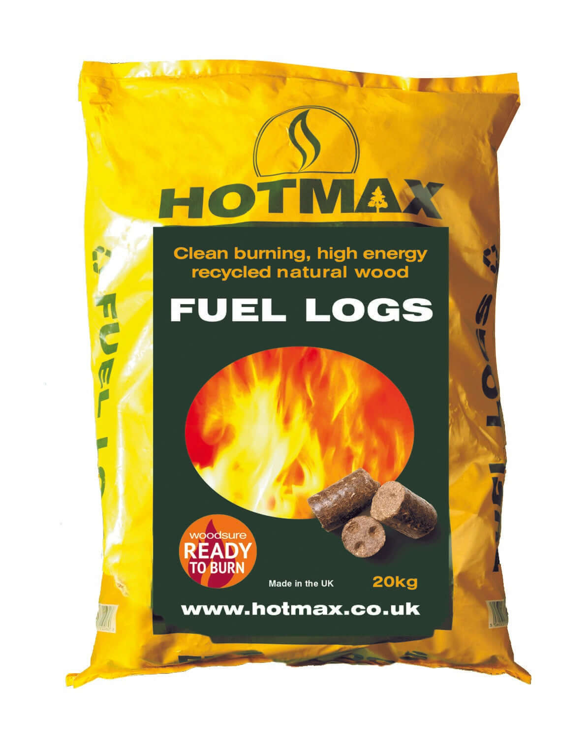 Hotmax Fuel Logs – 1 × 20kg Bag (Parcel Delivery) - high-energy fuel logs in yellow packaging