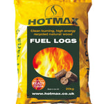 A yellow bag of Hotmax Fuel Logs, with an image of the logs on the front and a flame graphic in the background. The bag indicates a 20kg weight and is labeled as 'Clean Burning', 'High Energy', and 'Fuel Logs'.
