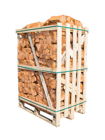 A pallet of kiln-dried hornbeam firewood logs contained within a transparent wrap, bound by metal bands.