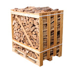 A wooden crate filled with kiln dried oak logs.