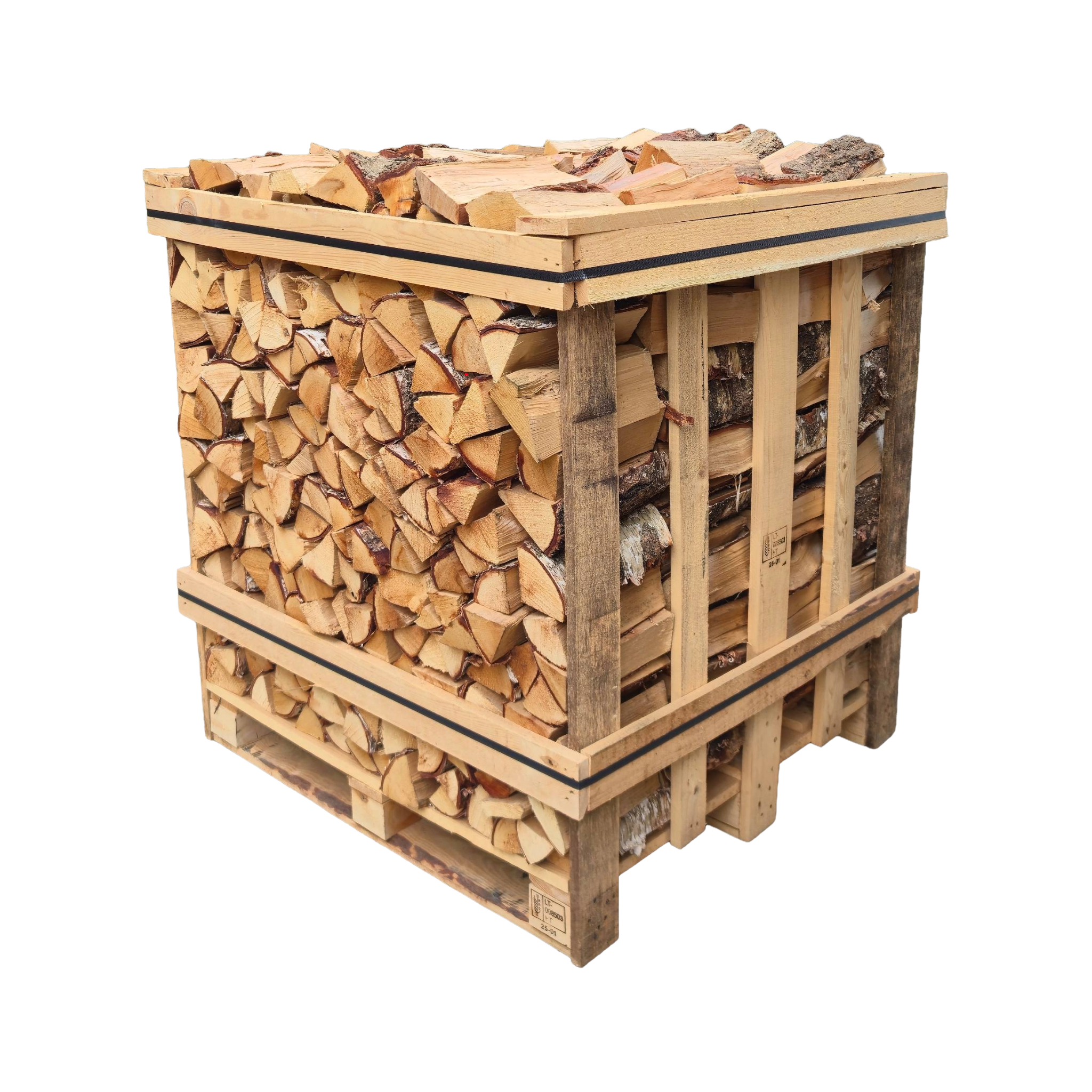 A large, densely packed wooden crate of Ready to Burn kiln-dried birch logs, stacked four rows deep.