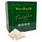 Box of Woodcycle firelighters with two firelighters in front on a white background