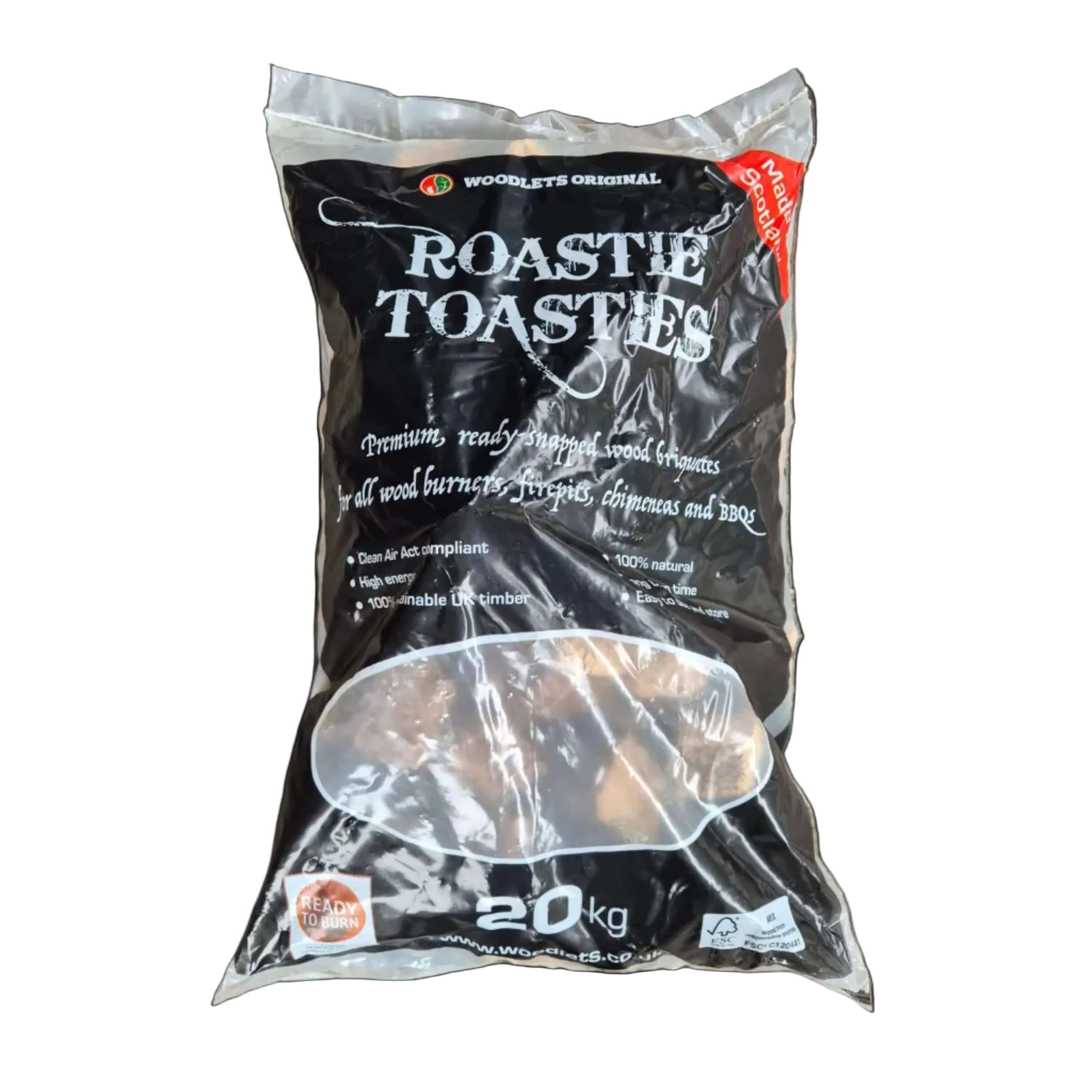 Roastie Toastie logs 20kg bag for all wood burners, fire pits, and BBQ, offering steady reliable heat.